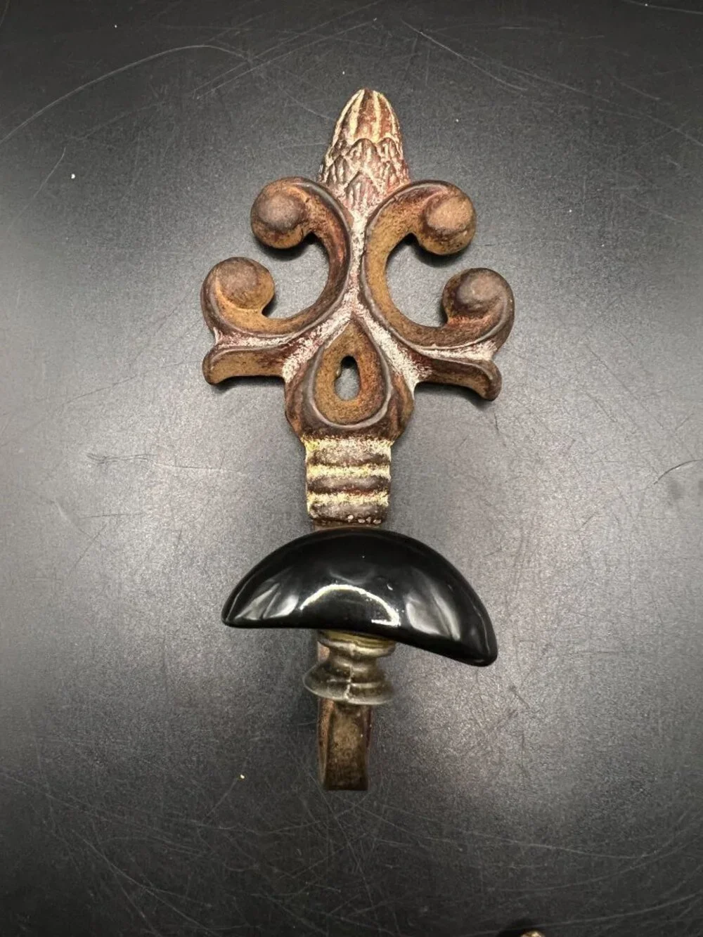 Vintage Pair Cast Iron Fleur-De-Lis Wall Hooks Black Ceramic Knobs Patina Gothic